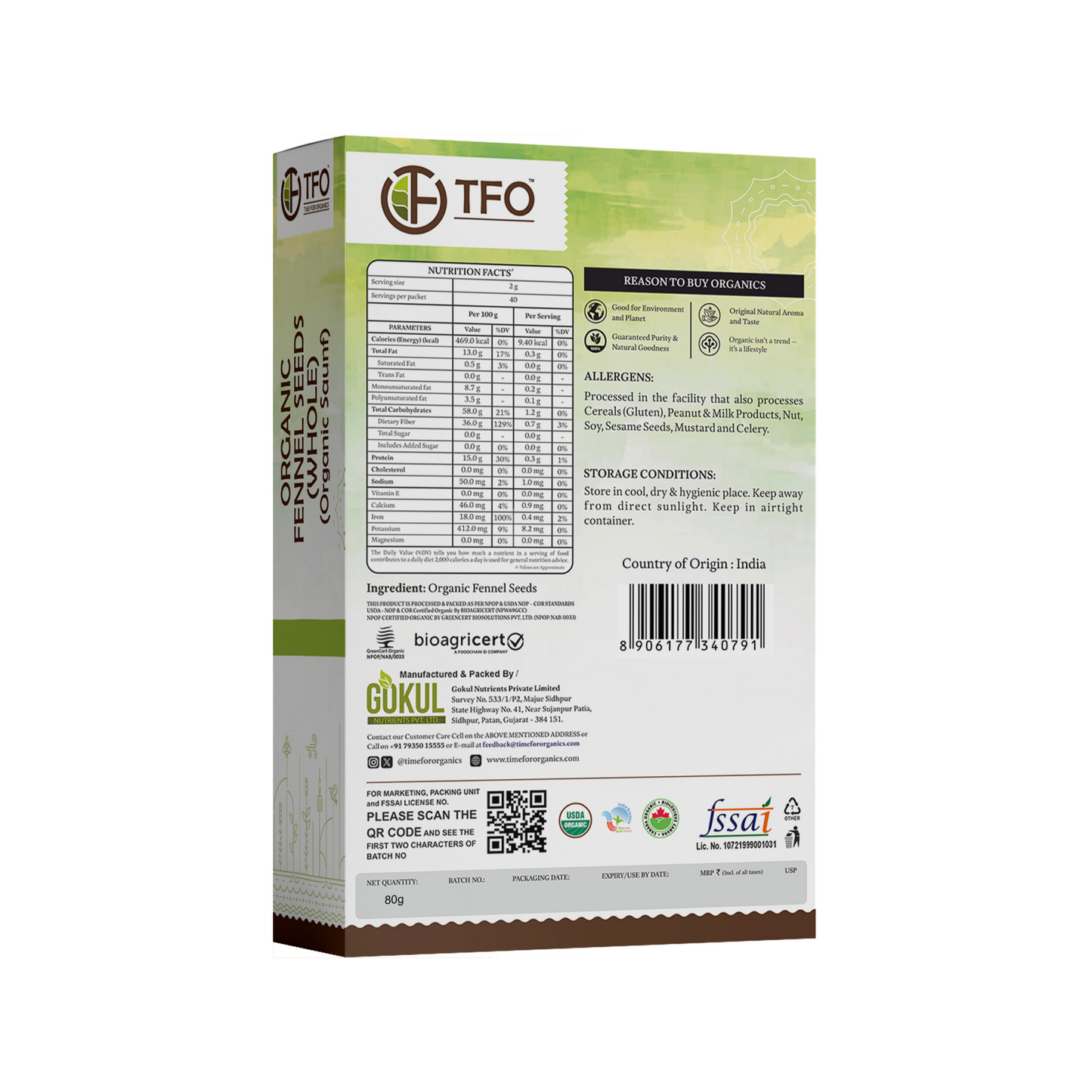 Organic Fennel Seeds (Whole / Organic Saunf)